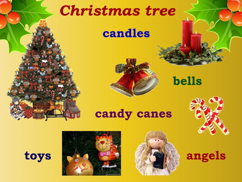 candles bells candy canes angels toys Christmas tree
